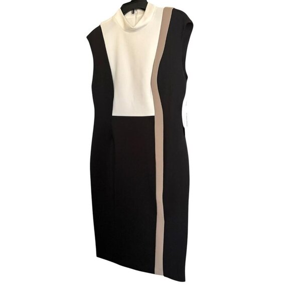 Calvin Klein Womens Black Cream Color Block Mock Scuba Sheath Dress Sz 12 New - Picture 5 of 9